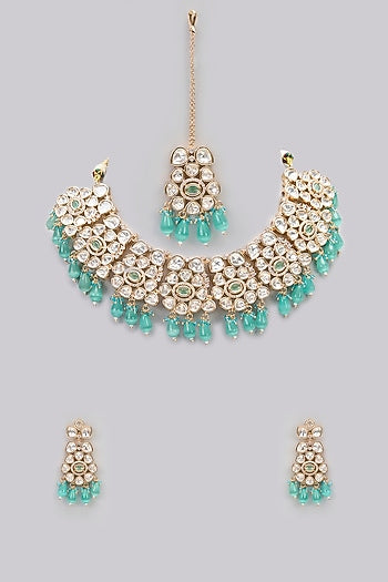 Rose Gold Finish Green Kundan Polki & AD Stone Choker Necklace Set