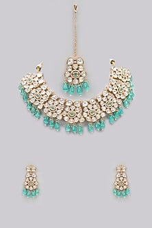 Rose Gold Finish Green Kundan Polki & AD Stone Choker Necklace Set