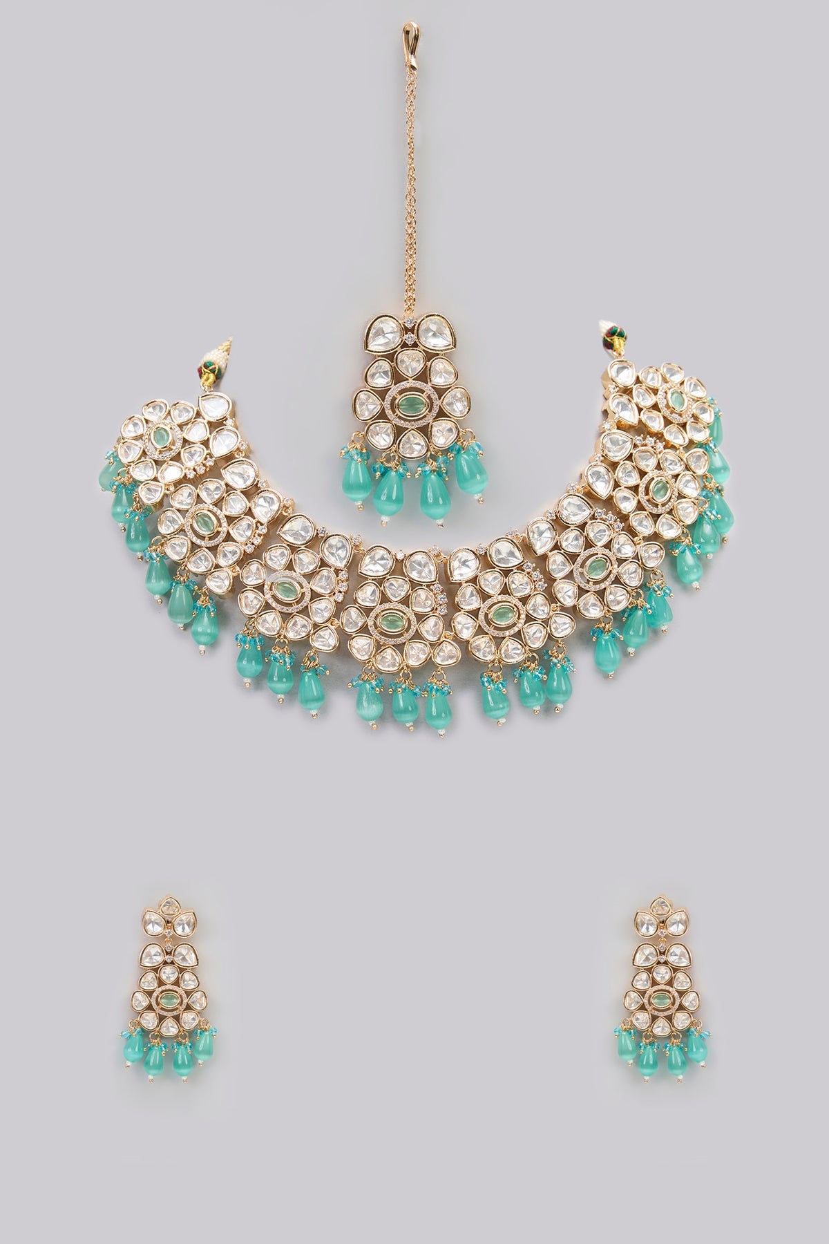 Rose Gold Finish Green Kundan Polki & AD Stone Choker Necklace Set