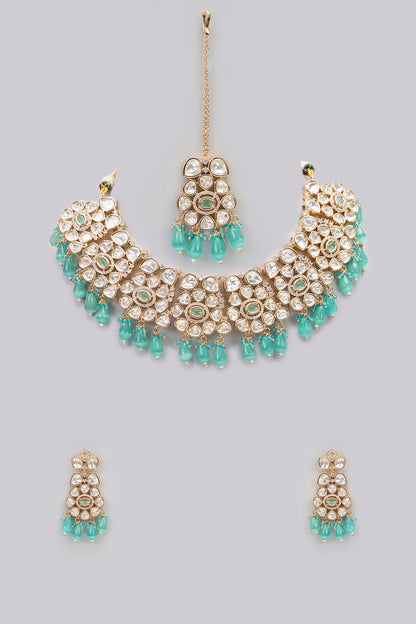 Rose Gold Finish Green Kundan Polki & AD Stone Choker Necklace Set