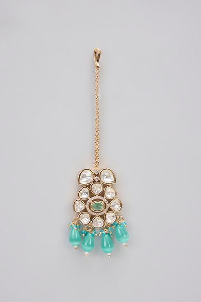Rose Gold Finish Green Kundan Polki & AD Stone Choker Necklace Set
