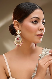 Two-Tone Finish Red Kundan Polki Dangler Earrings