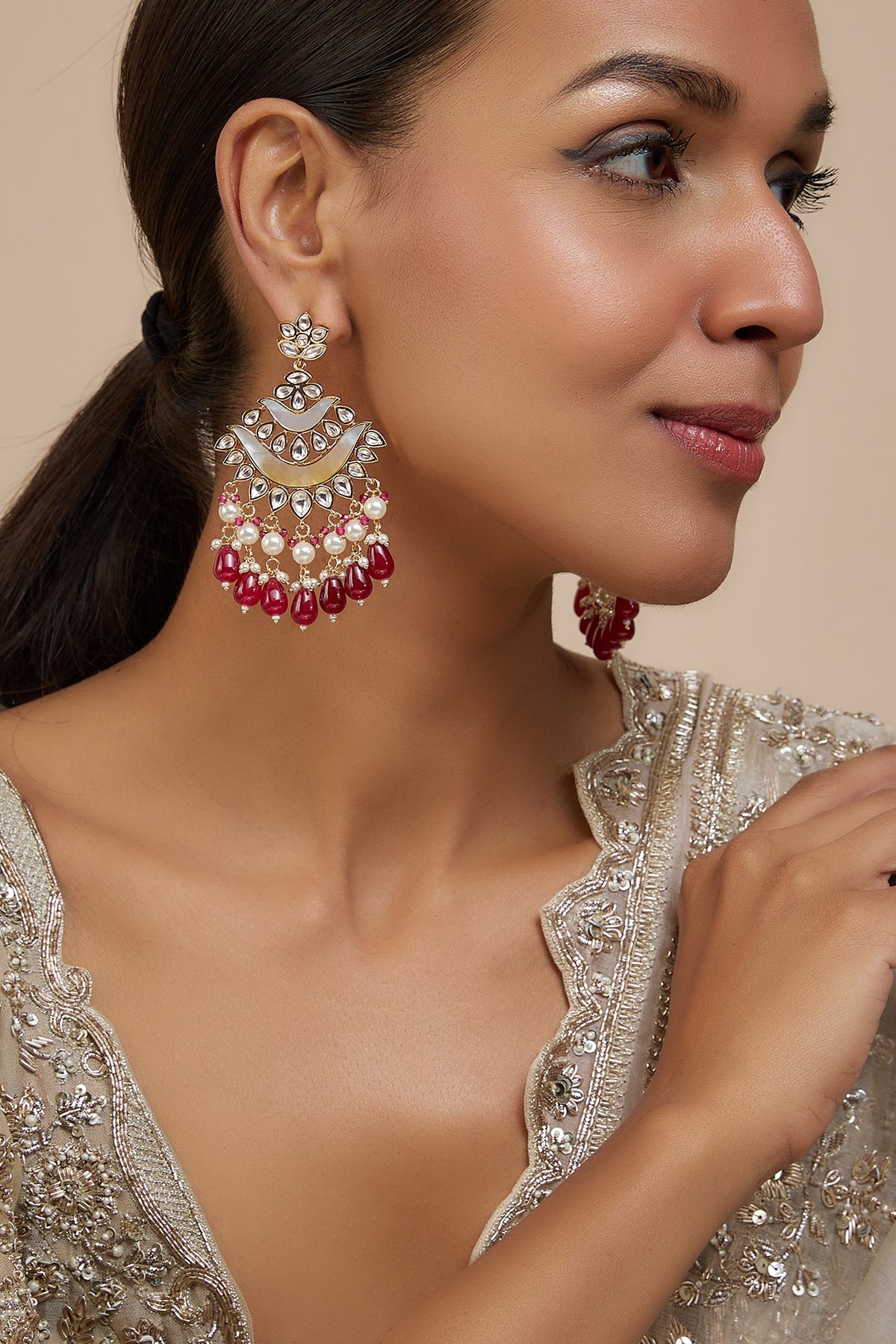 Rose Gold Finish Kundan Polki & Mother Of Pearl Chandbaali Earrings