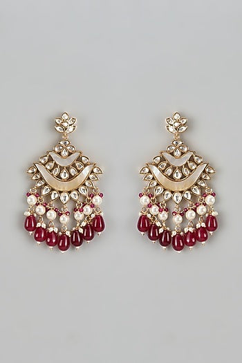 Rose Gold Finish Kundan Polki & Mother Of Pearl Chandbaali Earrings
