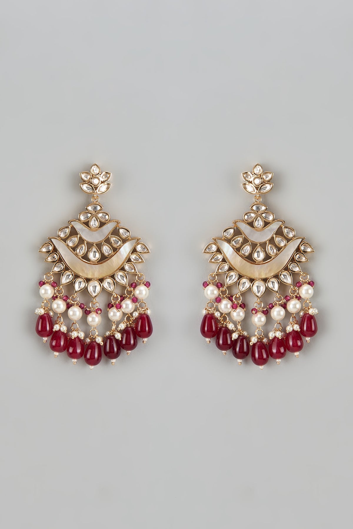 Rose Gold Finish Kundan Polki & Mother Of Pearl Chandbaali Earrings