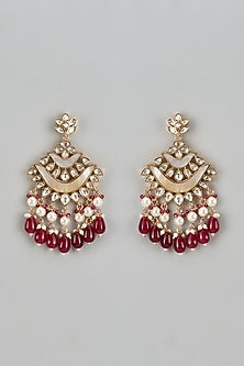 Rose Gold Finish Kundan Polki & Mother Of Pearl Chandbaali Earrings