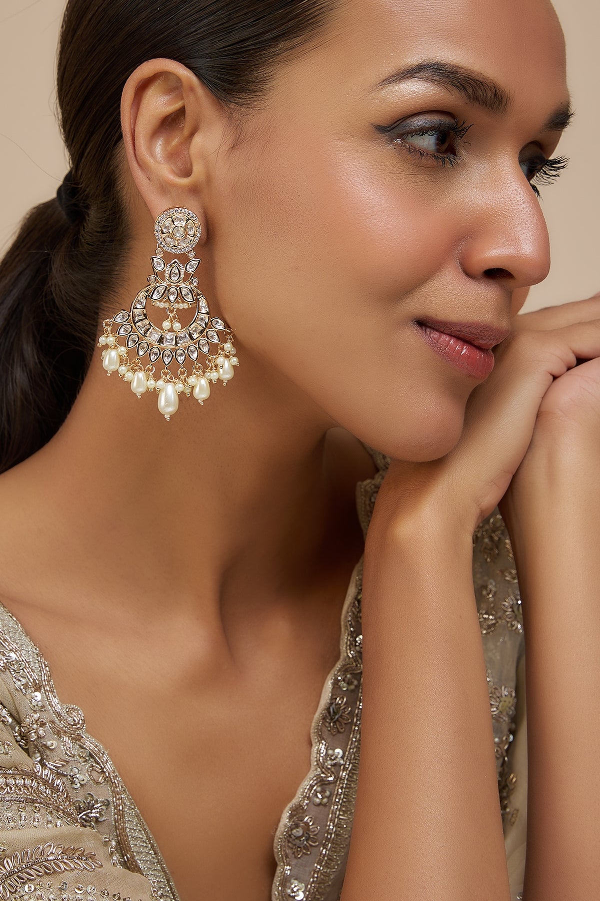Rose Gold Finish Kundan Polki & American Diamond Chandbaali Earrings
