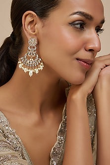 Rose Gold Finish Kundan Polki & American Diamond Chandbaali Earrings