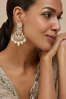 Rose Gold Finish Kundan Polki & American Diamond Chandbaali Earrings