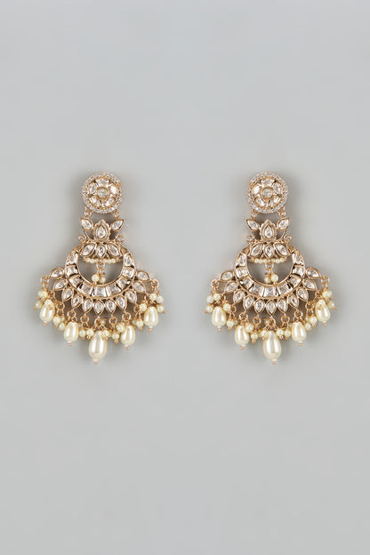 Rose Gold Finish Kundan Polki & American Diamond Chandbaali Earrings