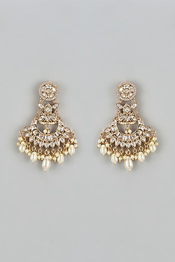 Rose Gold Finish Kundan Polki & American Diamond Chandbaali Earrings