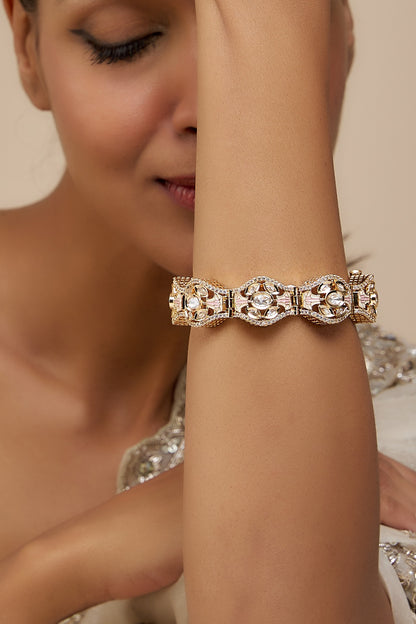 Rose Gold Finish Kundan Polki & American Diamond Meenakari Bracelet