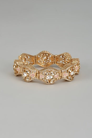 Rose Gold Finish Kundan Polki & American Diamond Meenakari Bracelet