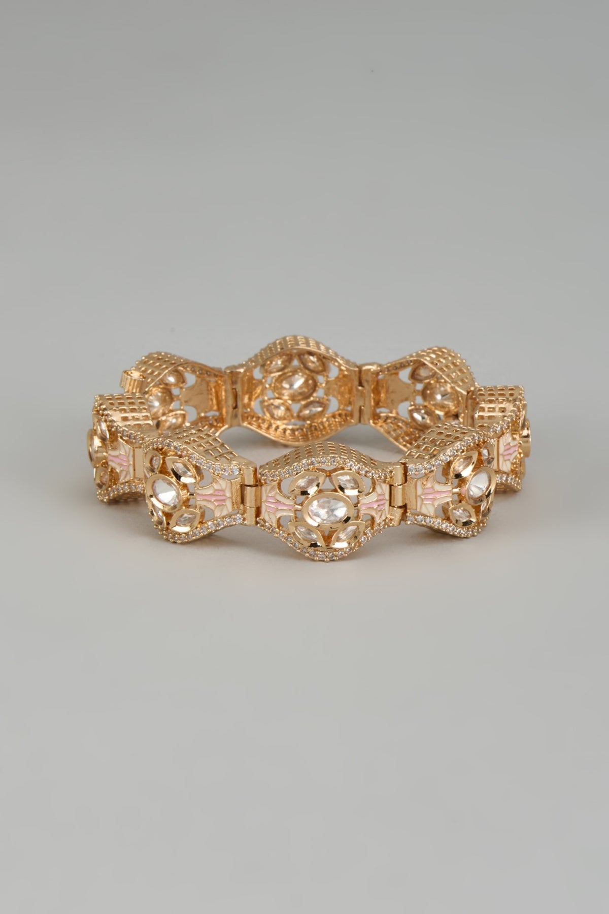 Rose Gold Finish Kundan Polki & American Diamond Meenakari Bracelet