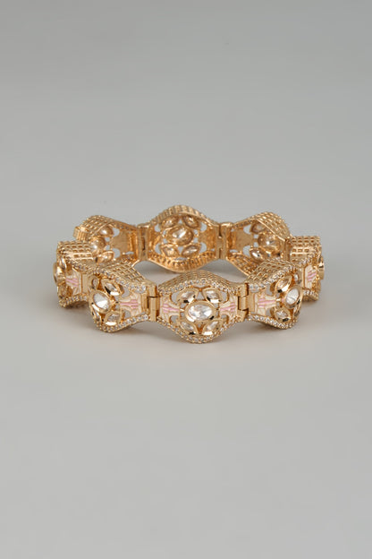 Rose Gold Finish Kundan Polki & American Diamond Meenakari Bracelet