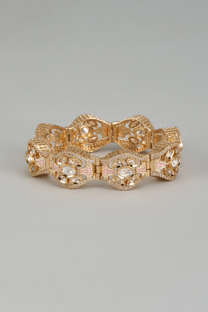 Rose Gold Finish Kundan Polki & American Diamond Meenakari Bracelet