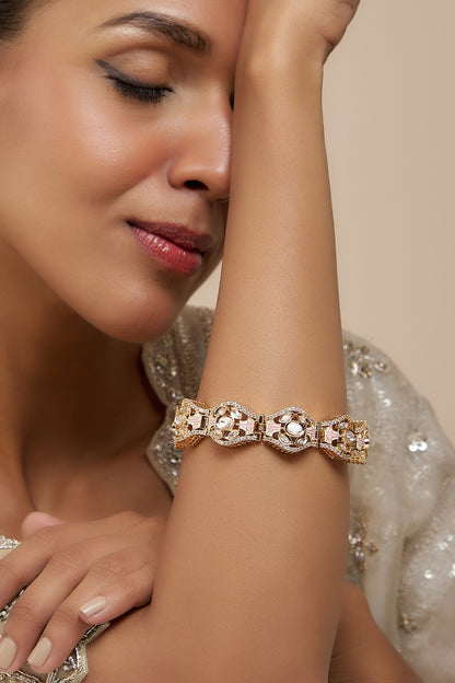Rose Gold Finish Kundan Polki & American Diamond Meenakari Bracelet