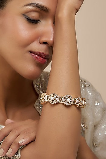 Rose Gold Finish Kundan Polki & American Diamond Meenakari Bracelet