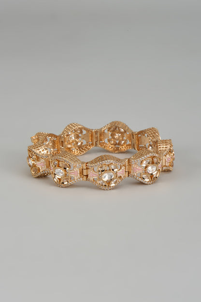 Rose Gold Finish Kundan Polki & American Diamond Meenakari Bracelet