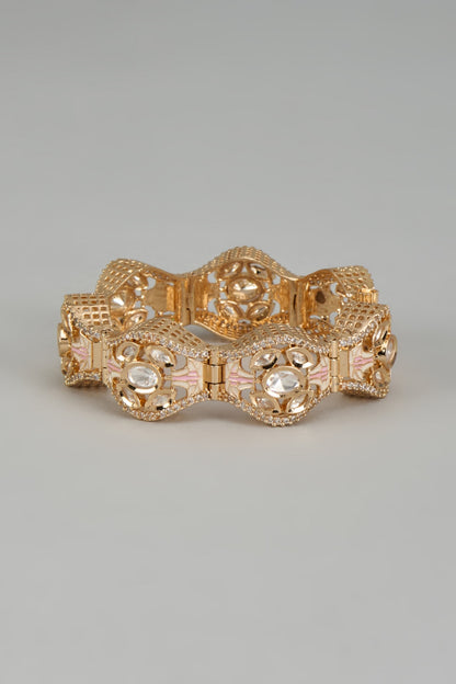 Rose Gold Finish Kundan Polki & American Diamond Meenakari Gajra Bracelet