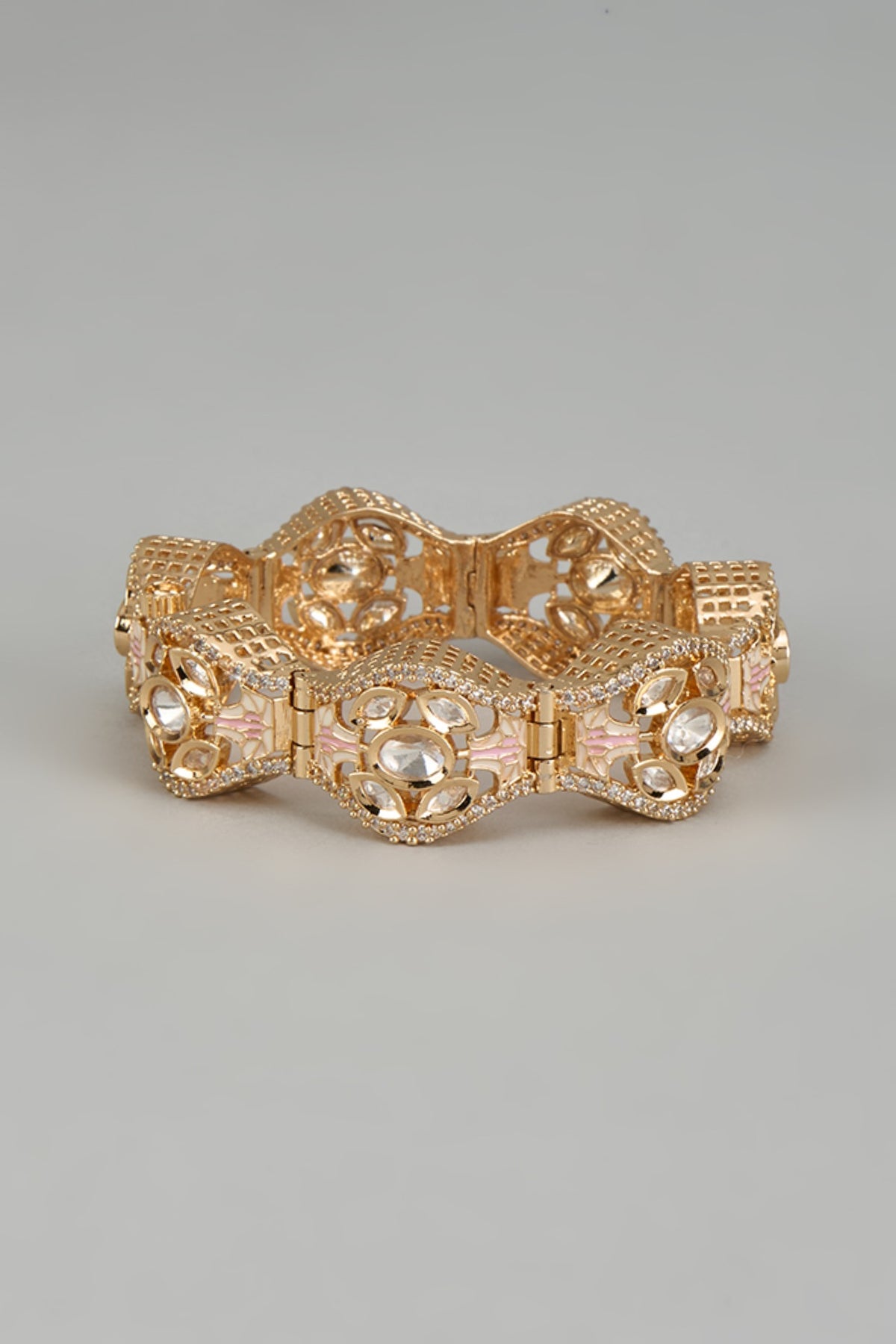 Rose Gold Finish Kundan Polki & American Diamond Meenakari Gajra Bracelet