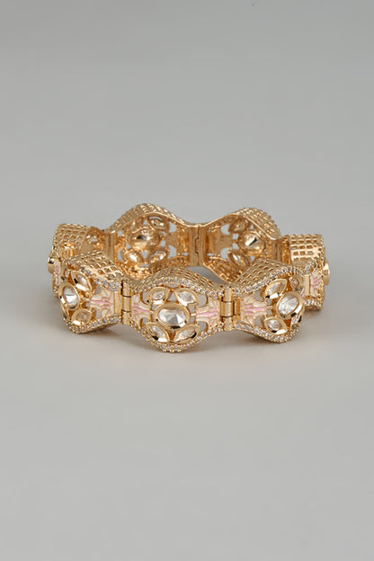 Rose Gold Finish Kundan Polki & American Diamond Meenakari Gajra Bracelet