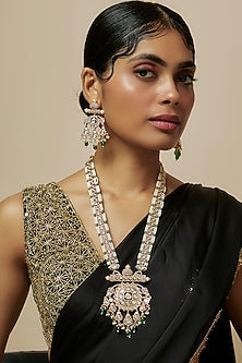 Rose Gold Finish Kundan Polki Long Necklace Set