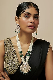 Rose Gold Finish Kundan Polki & American Diamond Long Necklace Set