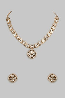 Rose Gold Finish Kundan Polki & American Diamond Necklace Set