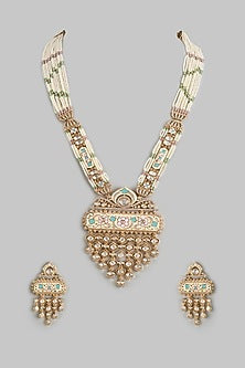 Rose Gold Finish Kundan Polki Meenakari Long Necklace Set