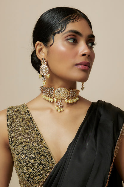 Rose Gold Finish Kundan Polki & American Diamond Choker Necklace Set