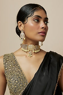 Rose Gold Finish Kundan Polki & American Diamond Choker Necklace Set