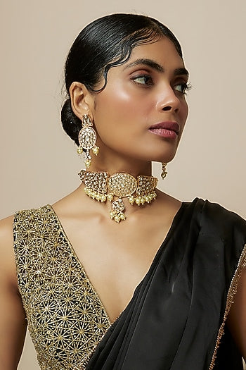 Rose Gold Finish Kundan Polki & American Diamond Choker Necklace Set