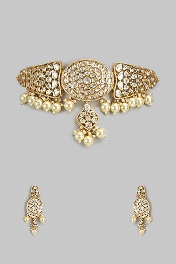 Rose Gold Finish Kundan Polki & American Diamond Choker Necklace Set