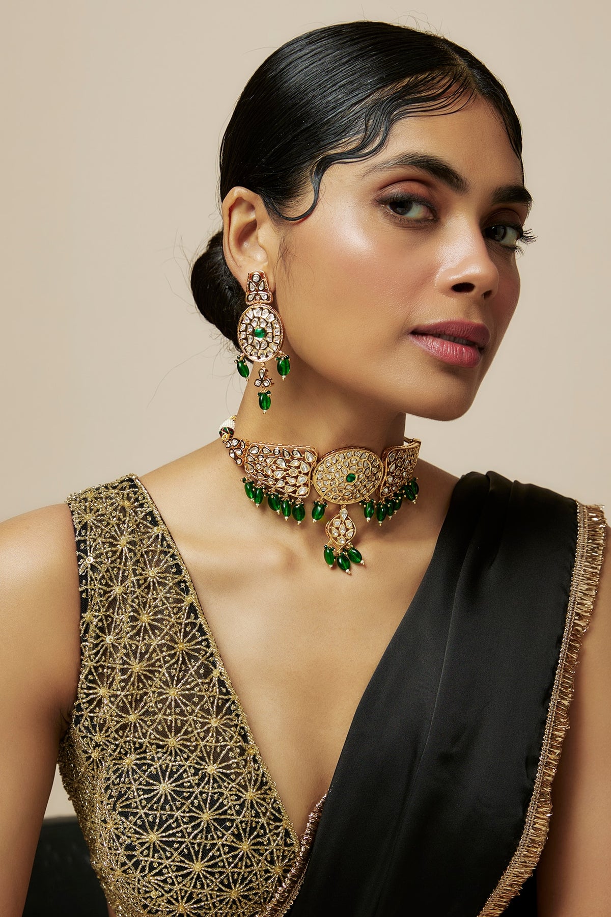 Rose Gold Finish Kundan Polki & American Diamond Choker Necklace Set