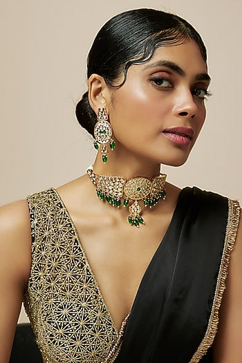 Rose Gold Finish Kundan Polki & American Diamond Choker Necklace Set