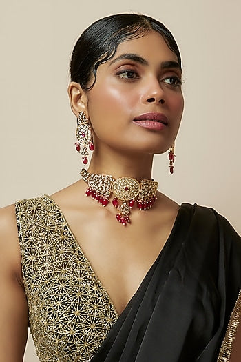 Rose Gold Finish Kundan Polki & American Diamond Choker Necklace Set