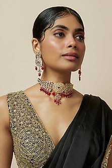 Rose Gold Finish Kundan Polki & American Diamond Choker Necklace Set