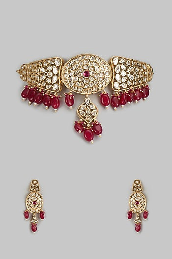 Rose Gold Finish Kundan Polki & American Diamond Choker Necklace Set