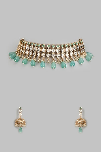Rose Gold Finish Kundan Polki Choker Necklace Set