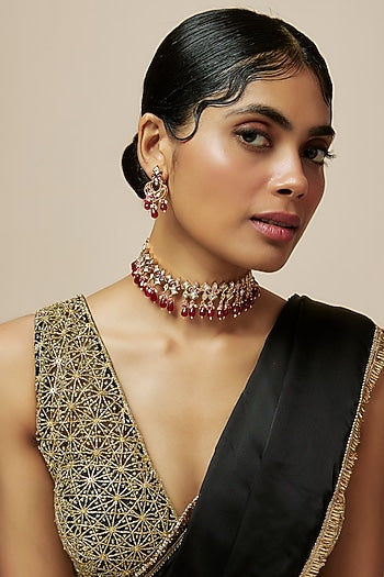 Rose Gold Finish Kundan Polki & Ruby Stone Necklace Set