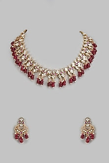 Rose Gold Finish Kundan Polki & Ruby Stone Necklace Set