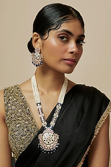 Gold Finish Kundan Polki & Handcrafted Pearl Long Necklace Set