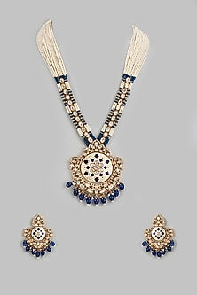 Gold Finish Kundan Polki & Handcrafted Pearl Long Necklace Set