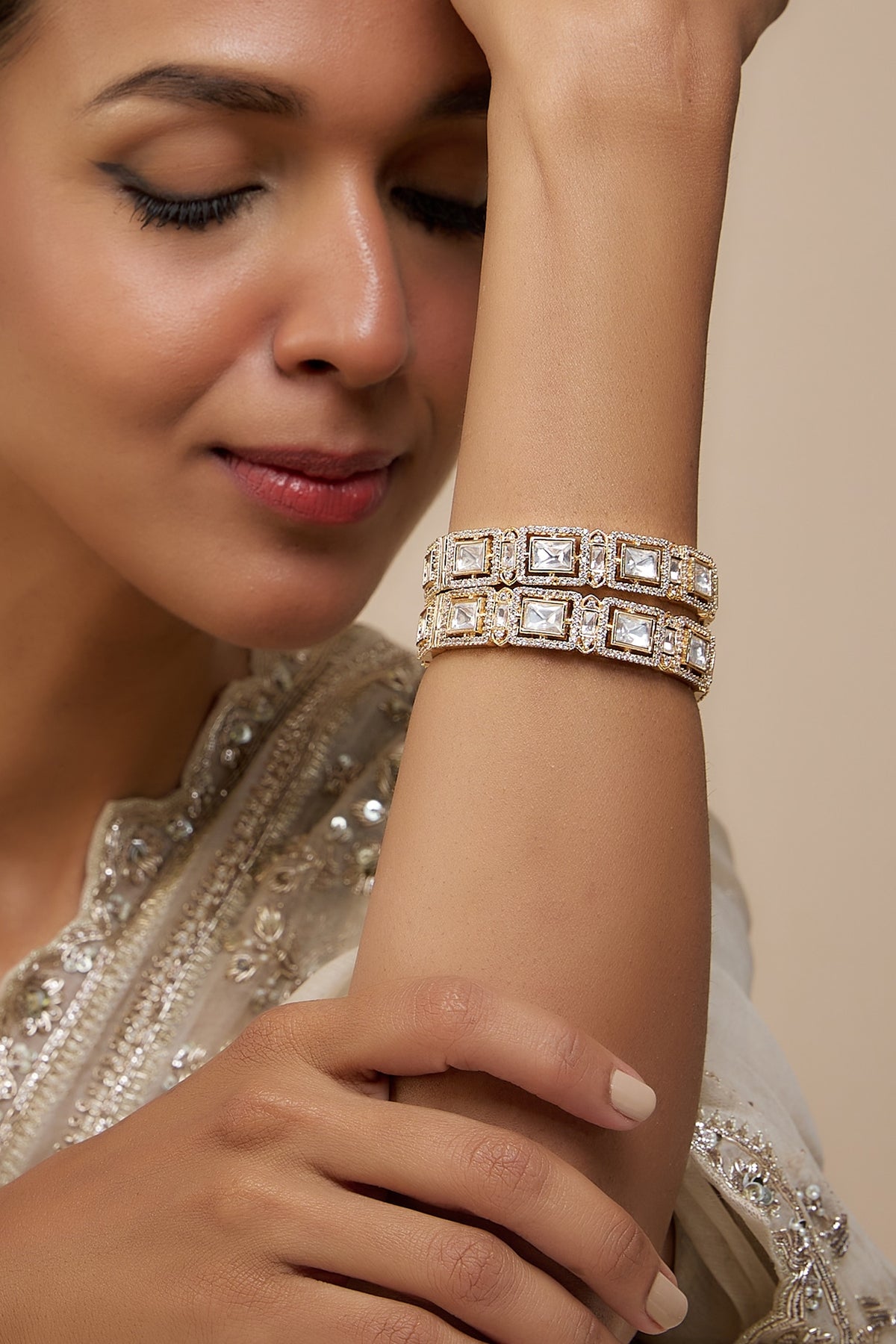 Rose Gold Finish Kundan Polki Bangles (Set of 2)