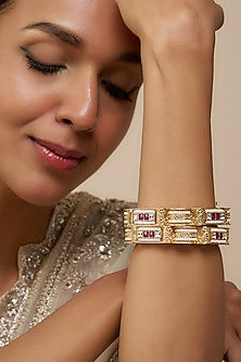 Rose Gold Finish Kundan Polki Square Bangles (Set of 2)
