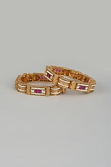 Rose Gold Finish Kundan Polki Square Bangles (Set of 2)