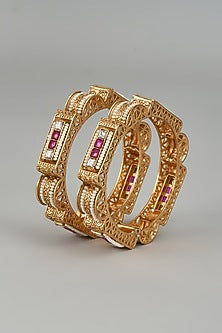 Rose Gold Finish Kundan Polki Square Bangles (Set of 2)