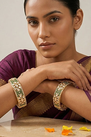 Rose Gold Finish Kundan Polki & Ruby Stone Bangles (Set Of 2)
