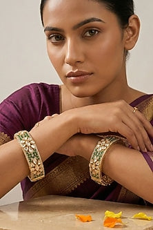 Rose Gold Finish Kundan Polki & Ruby Stone Bangles (Set Of 2)